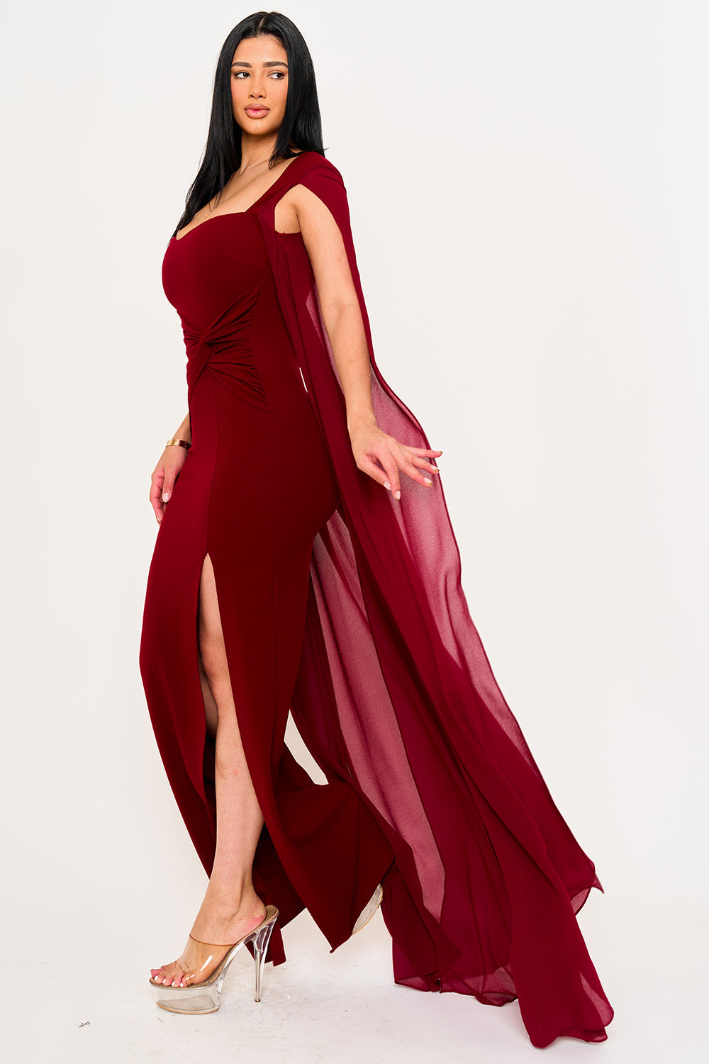 Symphony Dress - Mesh Long Cape Sleeve With Slit Maxi Dress | Zezebe