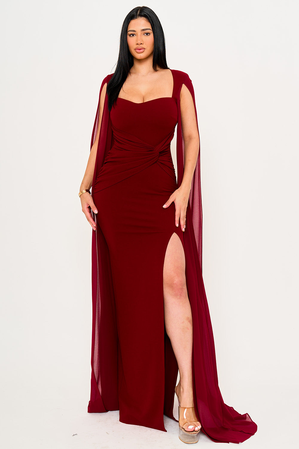Symphony Dress - Mesh Long Cape Sleeve With Slit Maxi Dress | Zezebe
