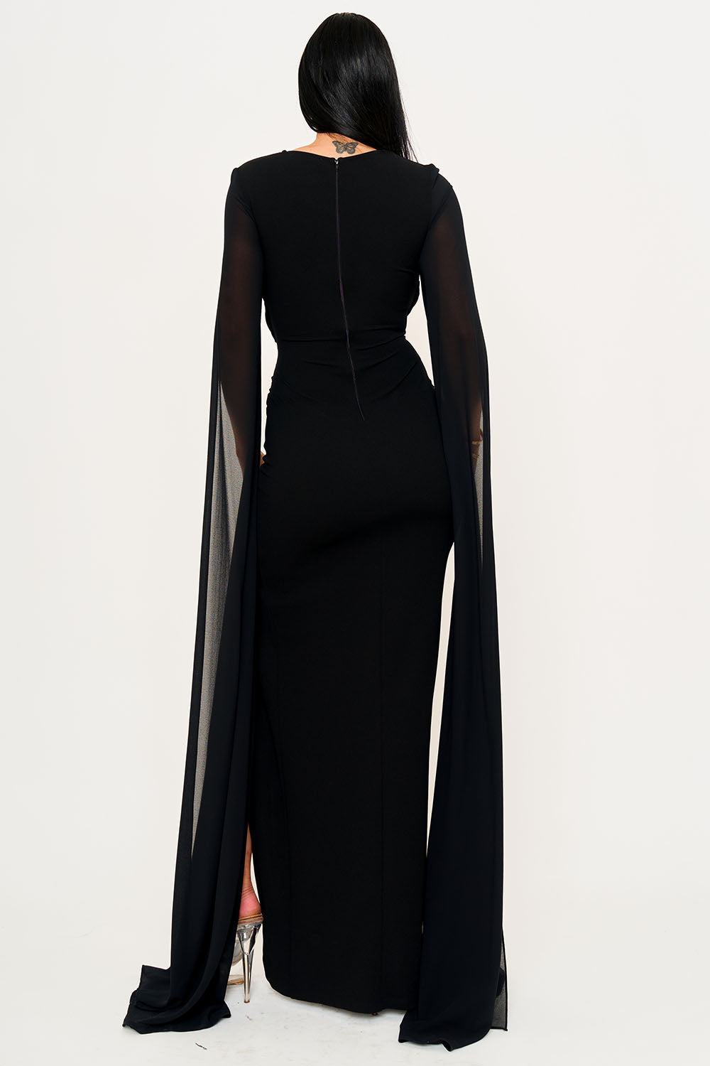 Symphony Dress - Mesh Long Cape Sleeve With Slit Maxi Dress | Zezebe