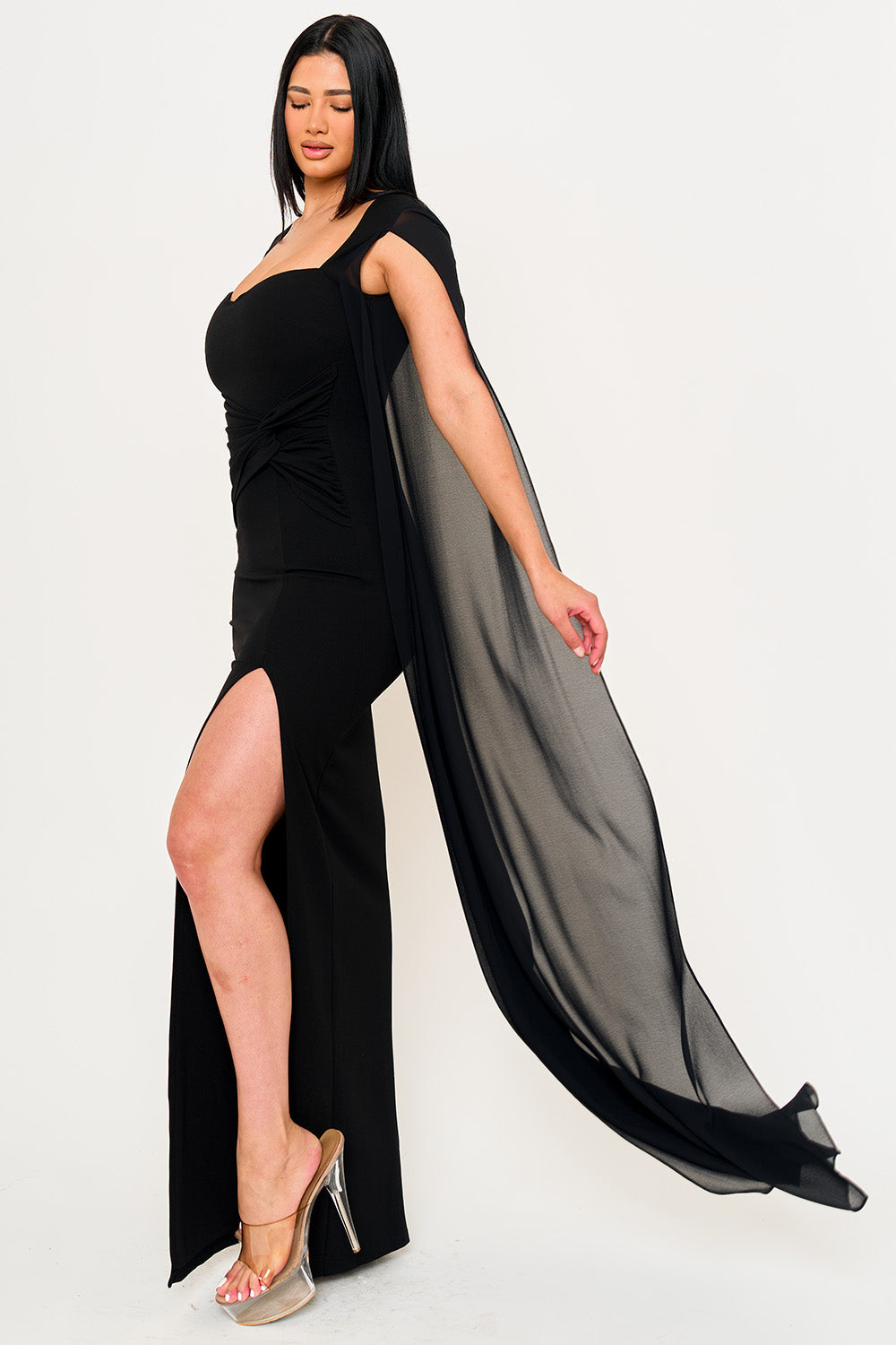 Symphony Dress - Mesh Long Cape Sleeve With Slit Maxi Dress | Zezebe