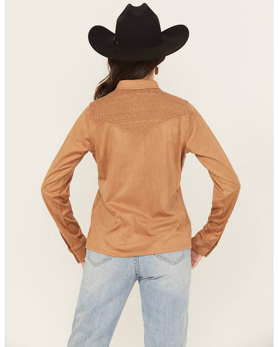 Women's Faux Suede Lace Yoke Long Sleeve Button-Down Western Shirt