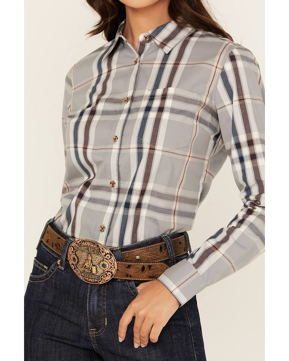 Women's Plaid Print Long Sleeve Button-Down Stretch Western Shirt