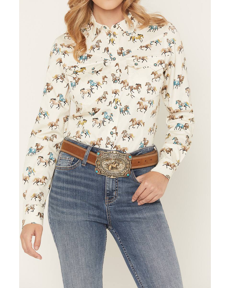 Women's Horse Print Long Sleeve Snap Stretch Western Shirt