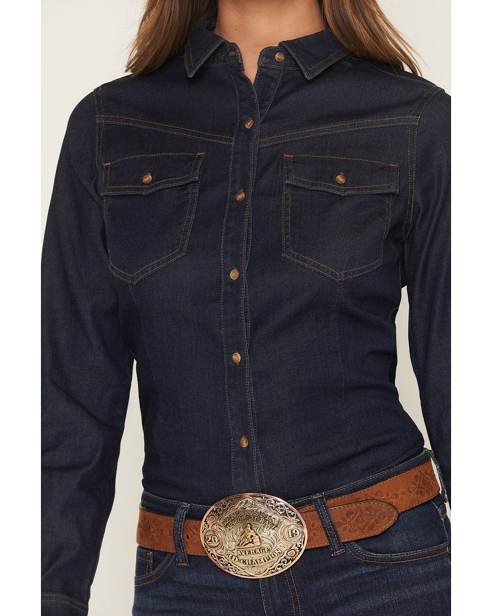 Women's Bella Dark Wash Denim Long Sleeve Button-Down Stretch Western Shirt