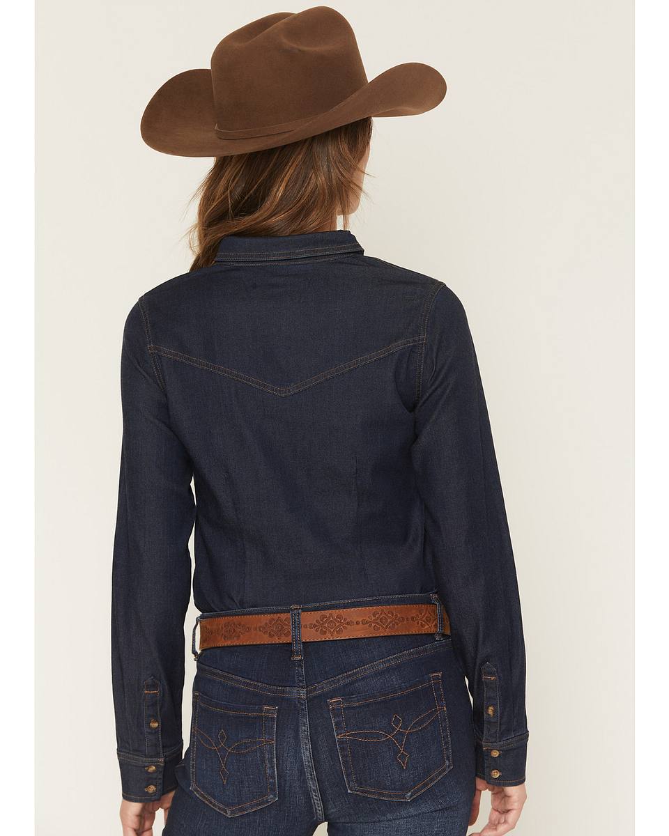 Women's Bella Dark Wash Denim Long Sleeve Button-Down Stretch Western Shirt
