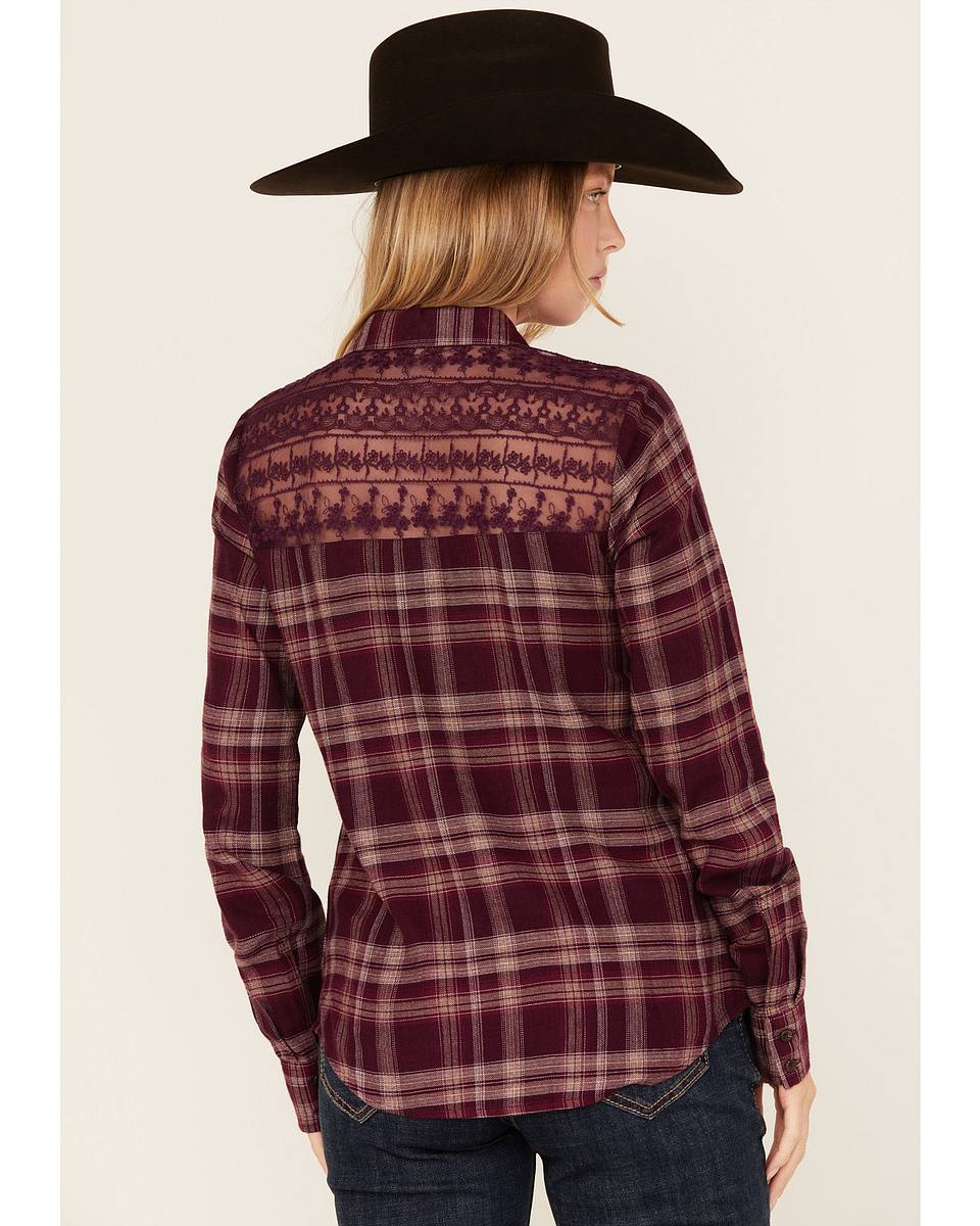 Women's Lace Yoke Plaid Print Long Sleeve Button-Down Western Shirt