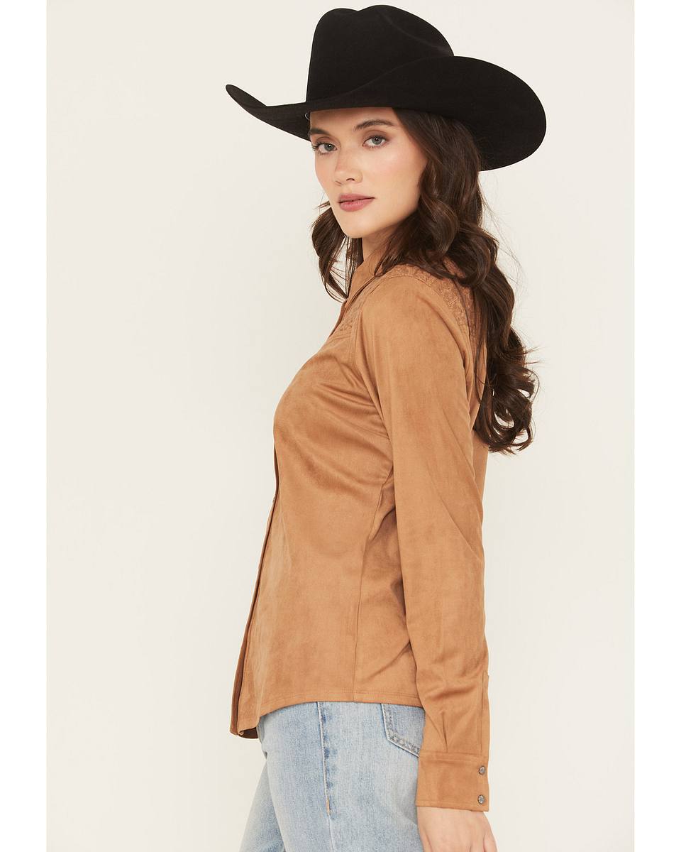 Women's Faux Suede Lace Yoke Long Sleeve Button-Down Western Shirt