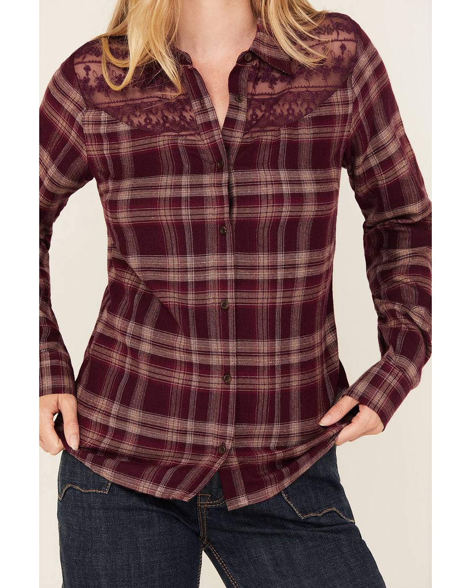 Women's Lace Yoke Plaid Print Long Sleeve Button-Down Western Shirt