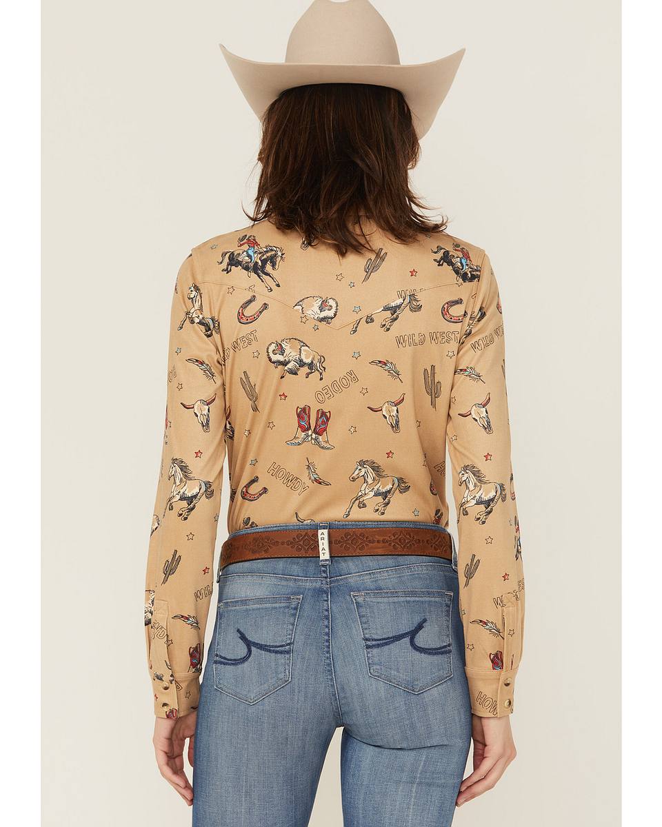 Women's Conversational Western Print Faux Suede Long Sleeve Button-Down Western Shirt