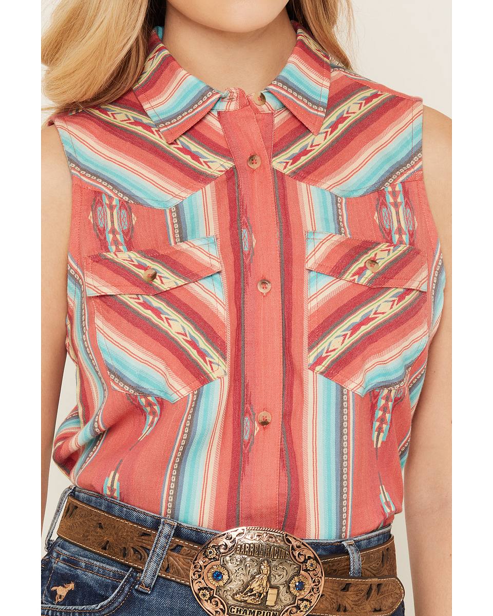Women's Southwestern Stripe Print Sleeveless Button-Down Western Shirt