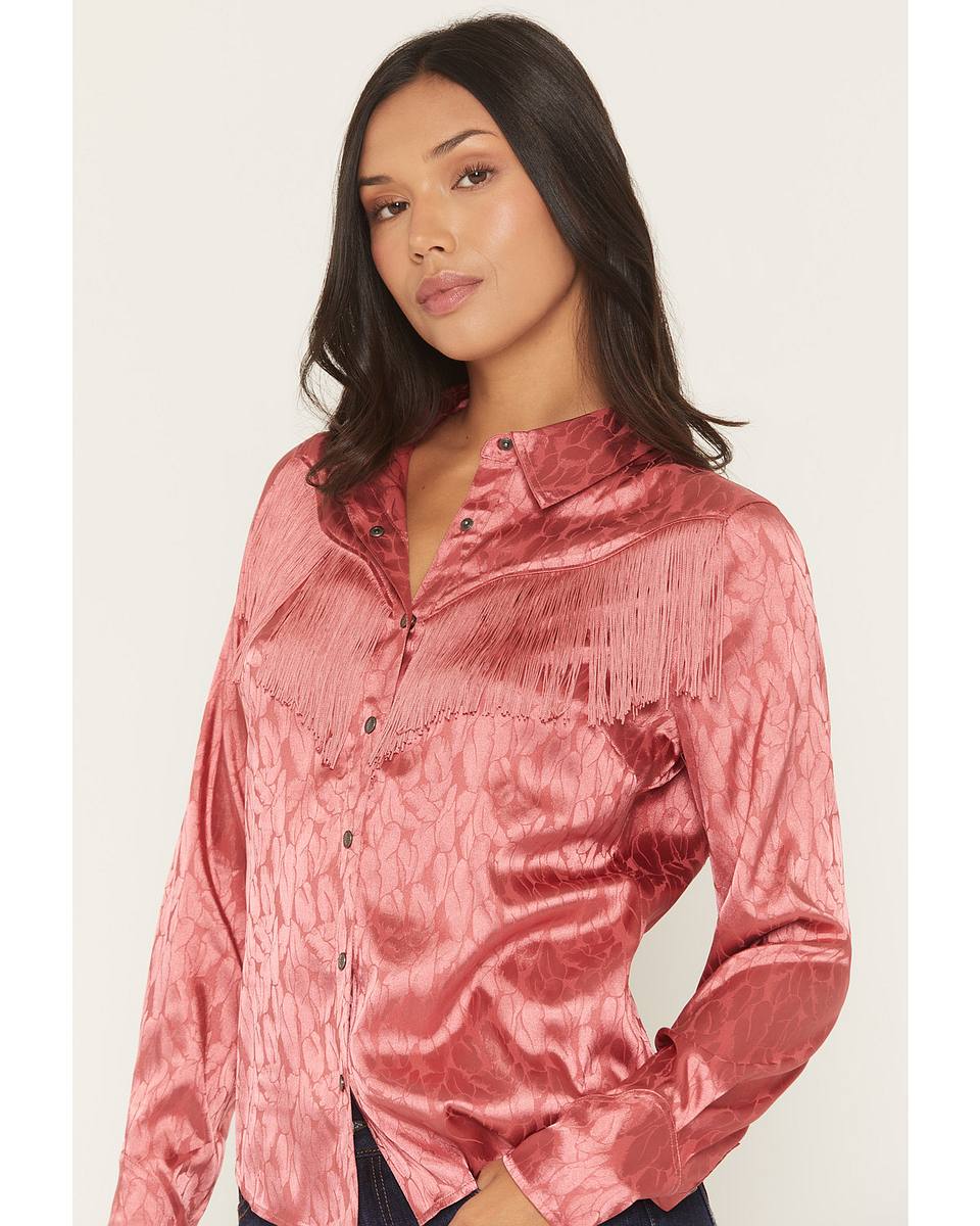 Women's Roberta Long Sleeve Fringe Satin Button-Down Western Shirt