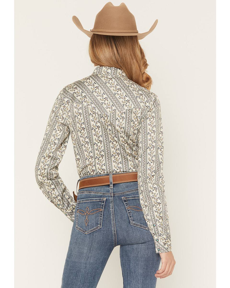 Women's Paisley Wallpaper Print Long Sleeve Snap Stretch Western Shirt